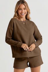 Double Take Full Size Texture Long Sleeve Top and Drawstring Shorts Set Chestnut OutfitFlow