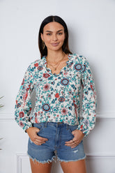 Floral Notched Long Sleeve Blouse Multicolor OutfitFlow