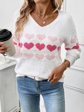 Heart Pattern V-Neck Sweater White OutfitFlow