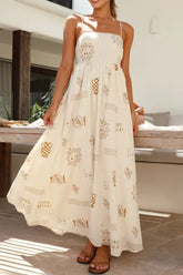 Printed Square Neck Maxi Cami Dress Beige OutfitFlow