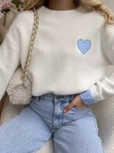 Plaid Heart Embroidered Cuffed Drop Shoulder Crew Neck Sweater White OutfitFlow