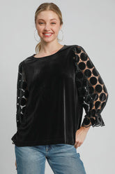 Umgee Polka Dot Lace Long Sleeve Round Neck Blouse Black OutfitFlow