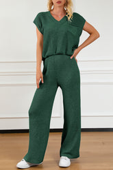 Pocketed V-Neck Top and Wide Leg Sweater Set Dark Green OutfitFlow