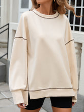 Slit Round Neck Long Sleeve T-Shirt Cream OutfitFlow