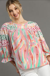 Umgee Full Size Mixed Print Lace Trim Top Plus Size Blush Pink OutfitFlow