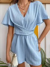 Perfee Tied V-Neck Short Sleeve Romper Light Blue OutfitFlow