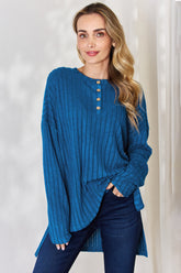 Basic Bae Full Size Ribbed Half Button Long Sleeve High-Low T-Shirt Sky Blue OutfitFlow