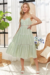 ADORA Gingham Detail Washed Dress LIGHT GREEN OutfitFlow