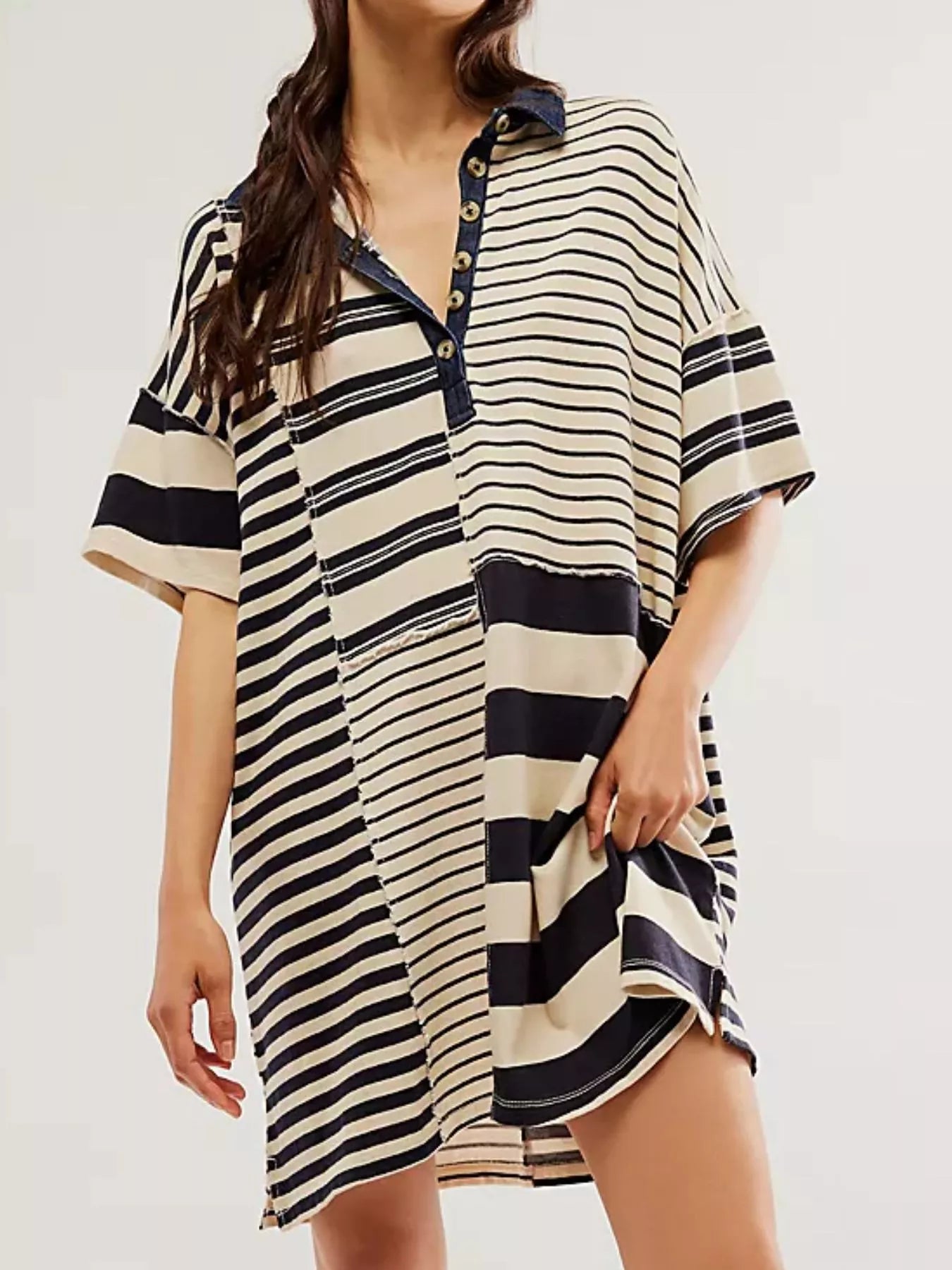 Striped Oversized Half Button Shirt Dress Black And White Stripes OutfitFlow