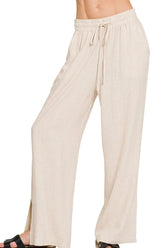 Zenana Linen Drawstring Pants SAND BEIGE OutfitFlow