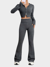 Zip Up Hooded Top and Flare Pants Sweater Set Dark Gray One Size OutfitFlow