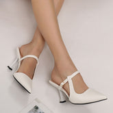 Point Toe Flare Heel Slingback Pumps White OutfitFlow