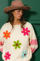 BiBi Colorful Floral Patched Sweater with Striped Sleeve OATMEAL OutfitFlow