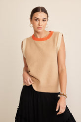 In February Contrast Round Neck Sweater Vest Taupe Multi OutfitFlow