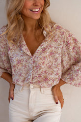 Printed Collared Neck Long Sleeve Shirt Dusty Pink OutfitFlow