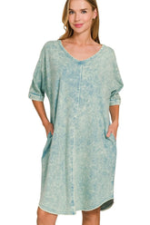 Zenana Acid-washed French Terry Tee Shirts Dress ASH BLUE OutfitFlow