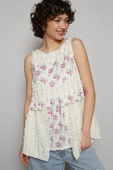 POL Floral Textured Round Neck Sleeveless Top Ivory OutfitFlow