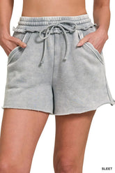 Zenana Acid Wash Fleece Drawstring Shorts With Pockets SLEET OutfitFlow