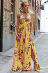 Halter Neck Split Dress Banana Yellow OutfitFlow