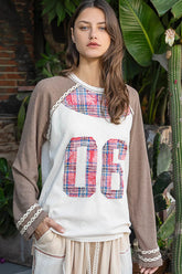 POL Plaid Number 06 Raglan Sleeve T-Shirt Mocha OutfitFlow