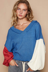 POL Exposed Seam Contrast V-Neck Lantern Sleeve Sweater Royal Blue OutfitFlow
