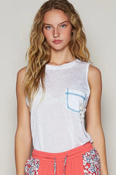POL Floral Detail Pocket Patch Tank Top White OutfitFlow