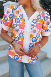 Floral Striped Edge V Neck Knotted Short Sleeve Blouse Floral OutfitFlow