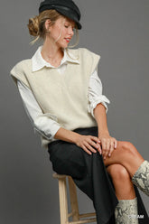 Umgee Oversized V Neck Vest Cream OutfitFlow