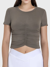 Millennia Ruched Round Neck Short Sleeve Active T-Shirt Mocha OutfitFlow