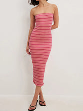 Slit Back Striped Strapless Bodycon Midi Dress Pink Stripe OutfitFlow