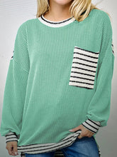 Twisted Ribbed Contrast Round Neck Striped Patchwork Long Sleeve Top Turquoise OutfitFlow