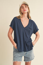 Aemi + Co Side Slit V-Neck Short Rolled Sleeve T-Shirt Dark Navy OutfitFlow