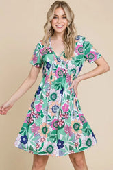 BOMBOM Ruched Floral V-Neck Short Sleeve Dress Gum Leaf OutfitFlow