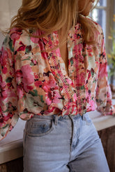 Frill Floral Button Down Long Sleeve Shirt Pink OutfitFlow