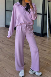 Half Sleeve Kangaroo Pocket Hoodie and Pants Set Pink Purple OutfitFlow