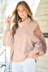 Hailey & Co Leopard Sleeve Color Block Knit Top Mocha OutfitFlow
