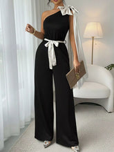 One-Shoulder Bowknot Wide Leg Jumpsuit Black OutfitFlow