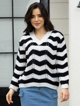 Openwork Striped V-Neck Sweater Black OutfitFlow