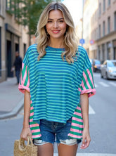 Colorful Striped Oversized T-Shirt Blue OutfitFlow