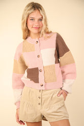 VERY J Color Block Button Down Textured Sweater Cardigan Blush OutfitFlow