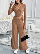 Perfee Surplice Long Sleeve Top and Pants Set Caramel OutfitFlow