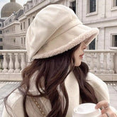 Plush Trim Baker Boy Hat Off-white One Size OutfitFlow