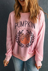 Pumpkin Round Neck Long Sleeve Sweatshirt Blush Pink OutfitFlow