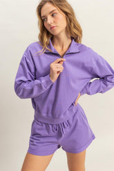 HYFVE Quarter Zip Drop Shoulder Sweatshirt Purple OutfitFlow