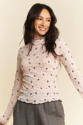 Davi & Dani Ribbon Bow Lace Hem Long Sleeve Mesh Layering Top PINK OutfitFlow