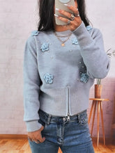 Flower Pearl Detail Ribbed Hem Sweater Blue One Size OutfitFlow