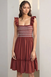 Ruffled Smocked Cap Sleeve Mini Dress Rust OutfitFlow