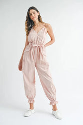 MABLE Washed Fabric Spaghetti Strap Waist Belted Jumpsuit Pink OutfitFlow