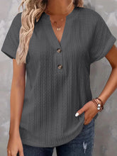 Textured Notched Short Sleeve Top Dark Gray OutfitFlow