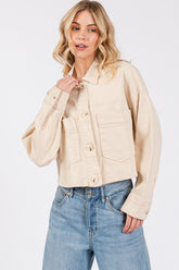 bytos Button Down Cropped Denim Jacket with Patch Pockets Tan OutfitFlow